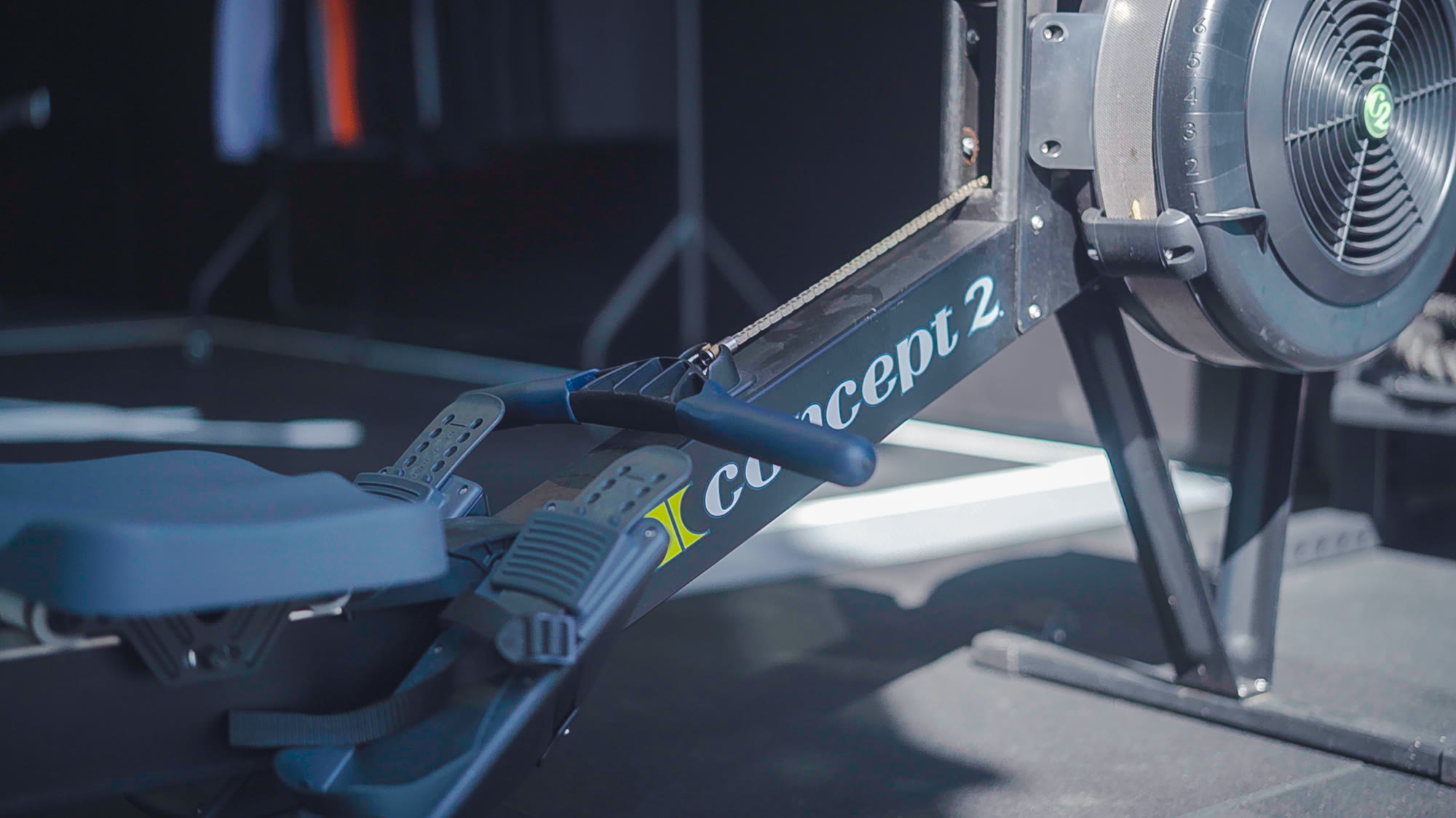 Close-up of a rowing machine in a fitness studio