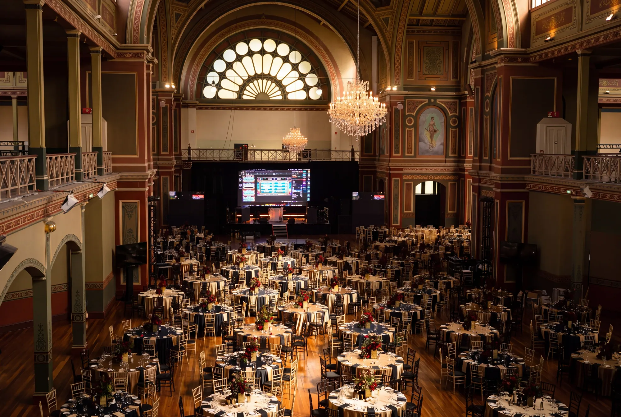 Great Hall of the Royal Exhibition Building set for a gala dinner