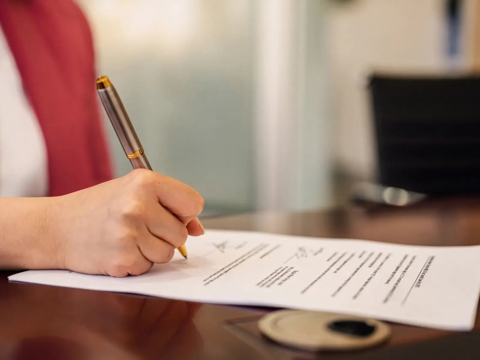 Close-up of a hand signing a document with a gold pen