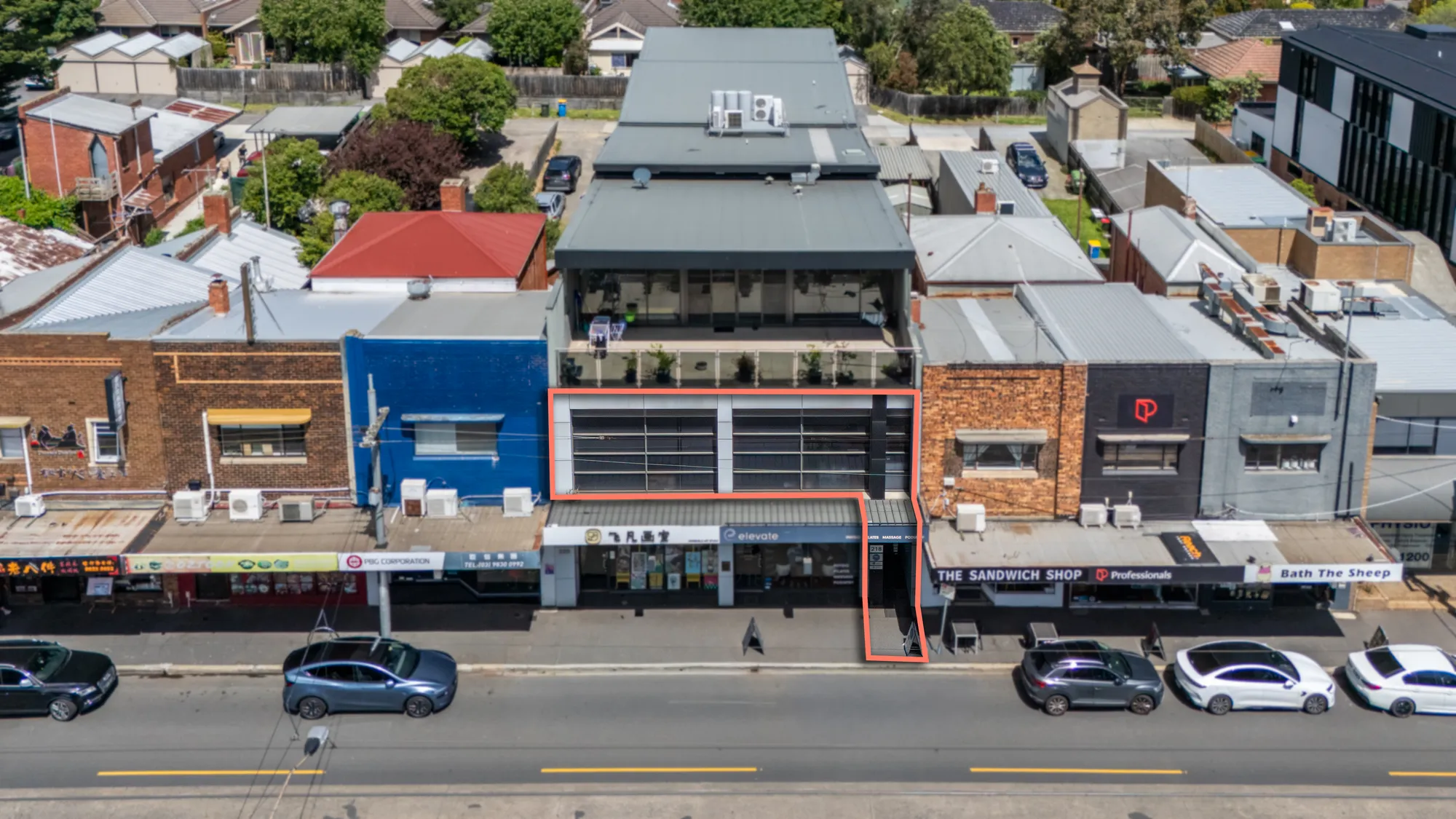 Drone view of a shopfront with its boundary marked, Balwyn